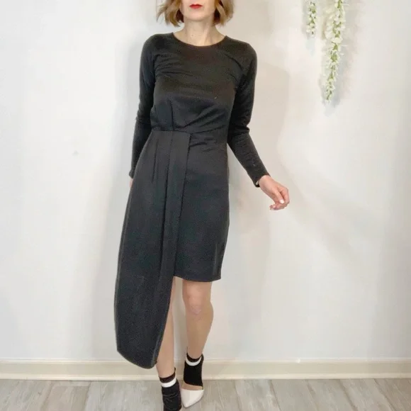 NWT BAR III black long sleeve dress asymmetrical hem draped panel 2087 - Picture 13 of 13